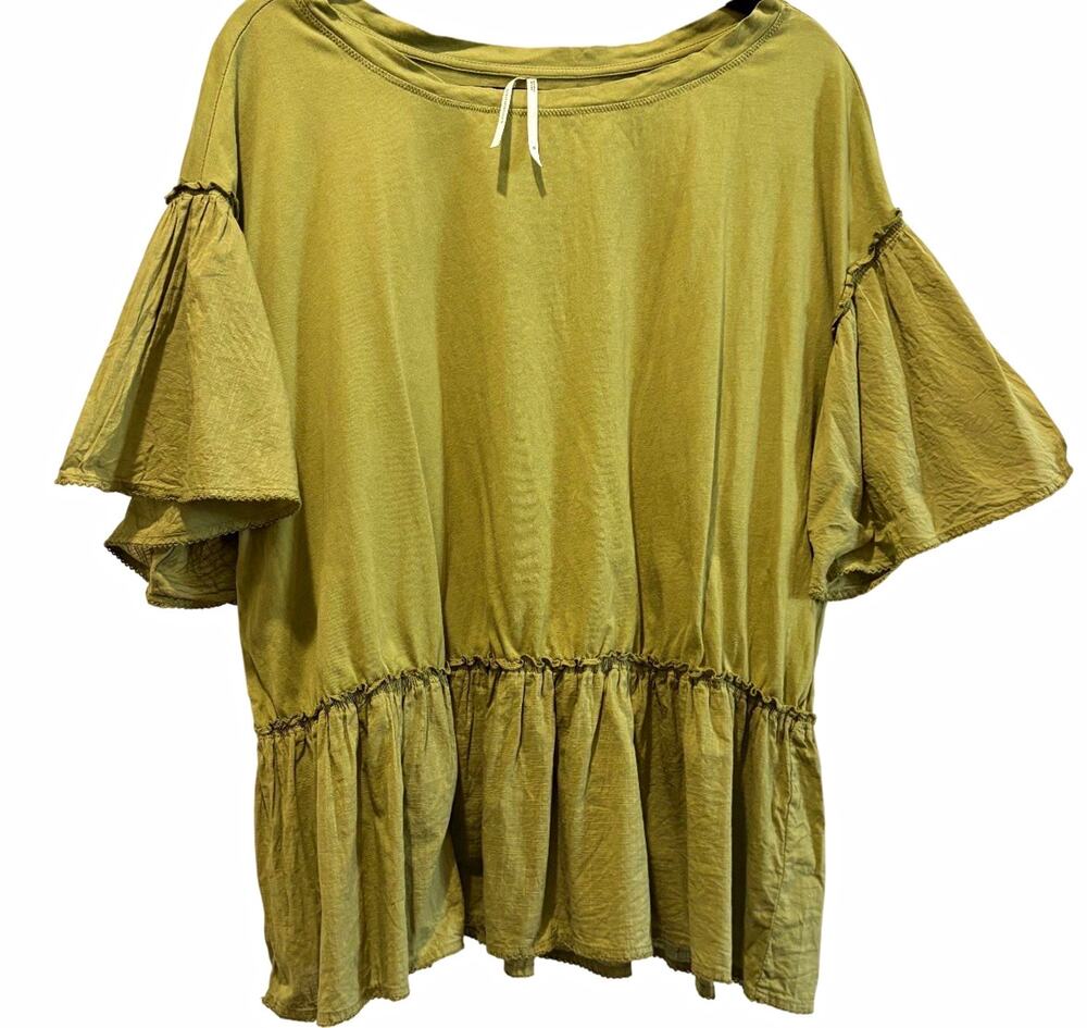Anthropologie Olive Green Ruffle Flutter Sleeve Babydoll Knit Top 100% Cotton XL